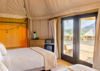 Luxury tent interior with mountain view