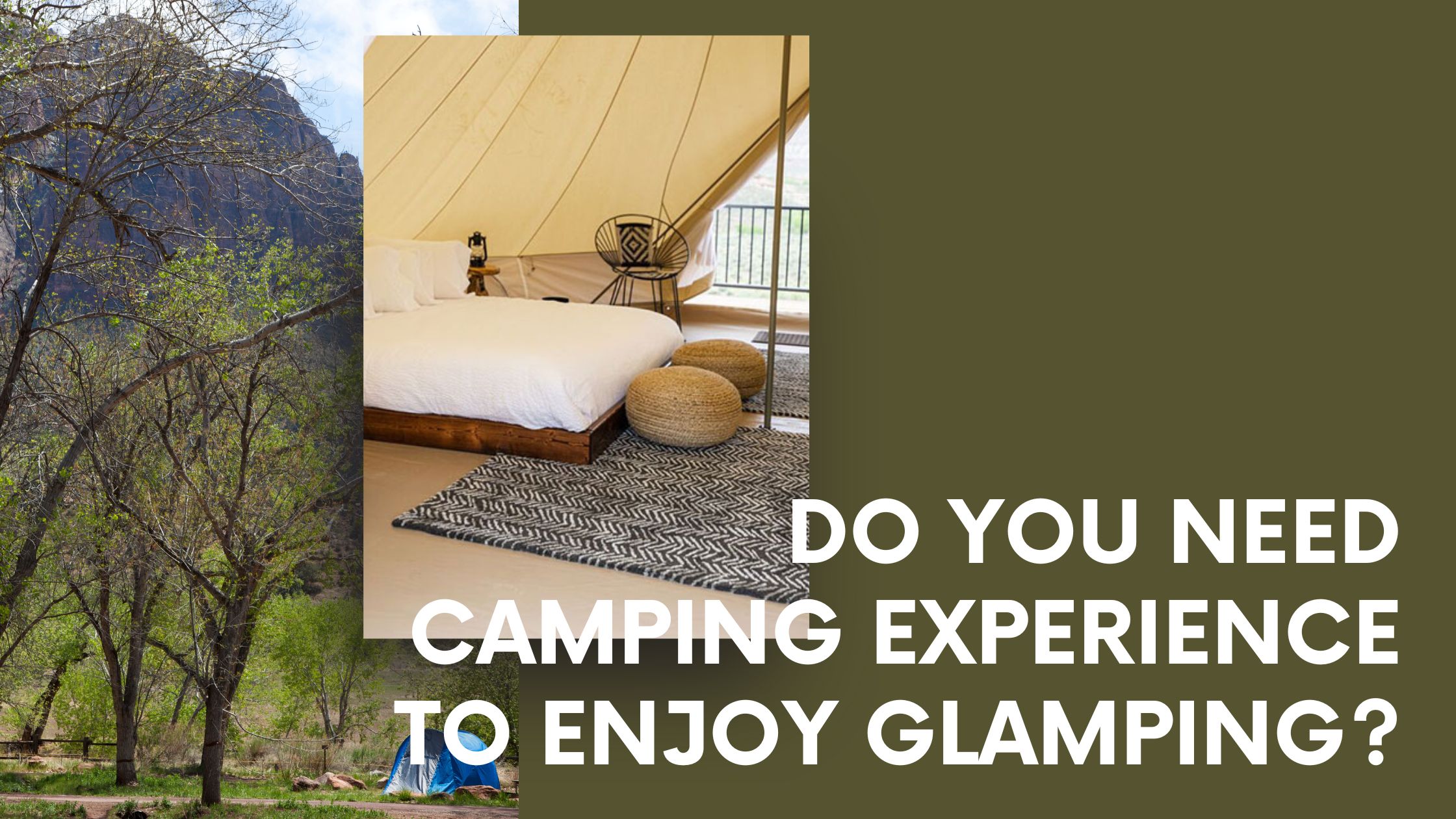 Luxury glamping tent interior and natural landscape