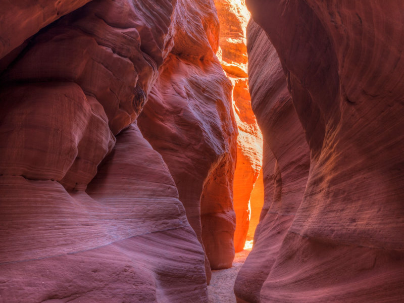 Sunlit sandstone walls in narrow canyon passageway.